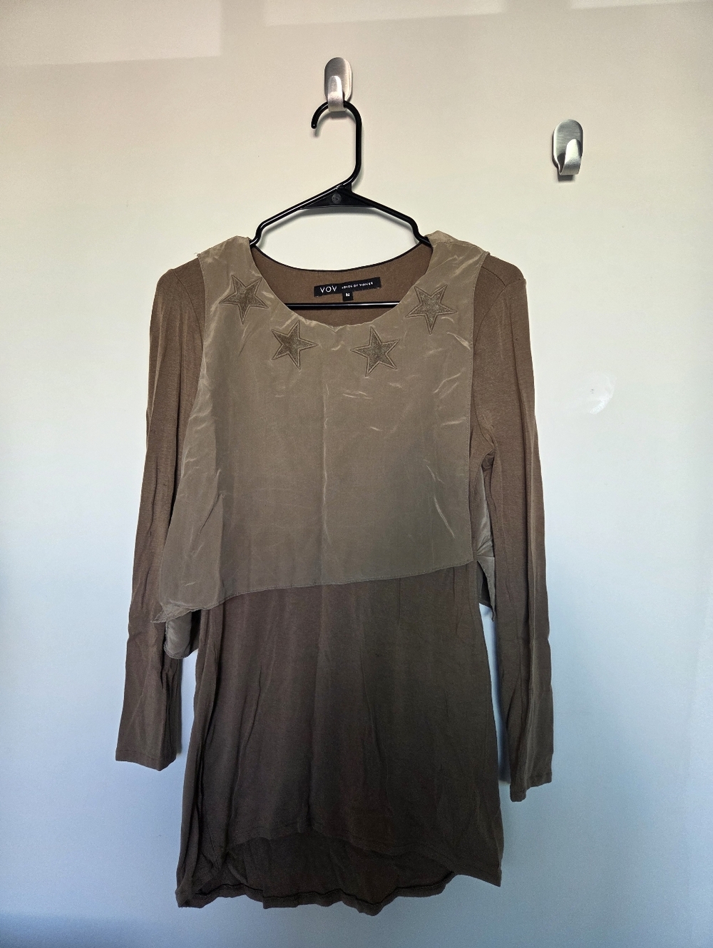 Womens VOV Olive Brown Layered Star-Embellished Tunic Long Sleeve Shirt.